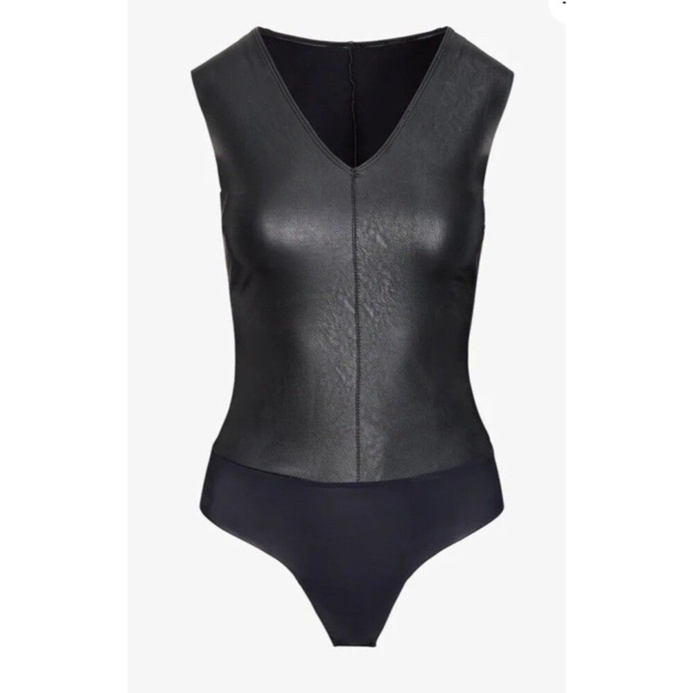 Commando Faux Leather Deep V Bodysuit Black XL Sleeveless Shaping NWT